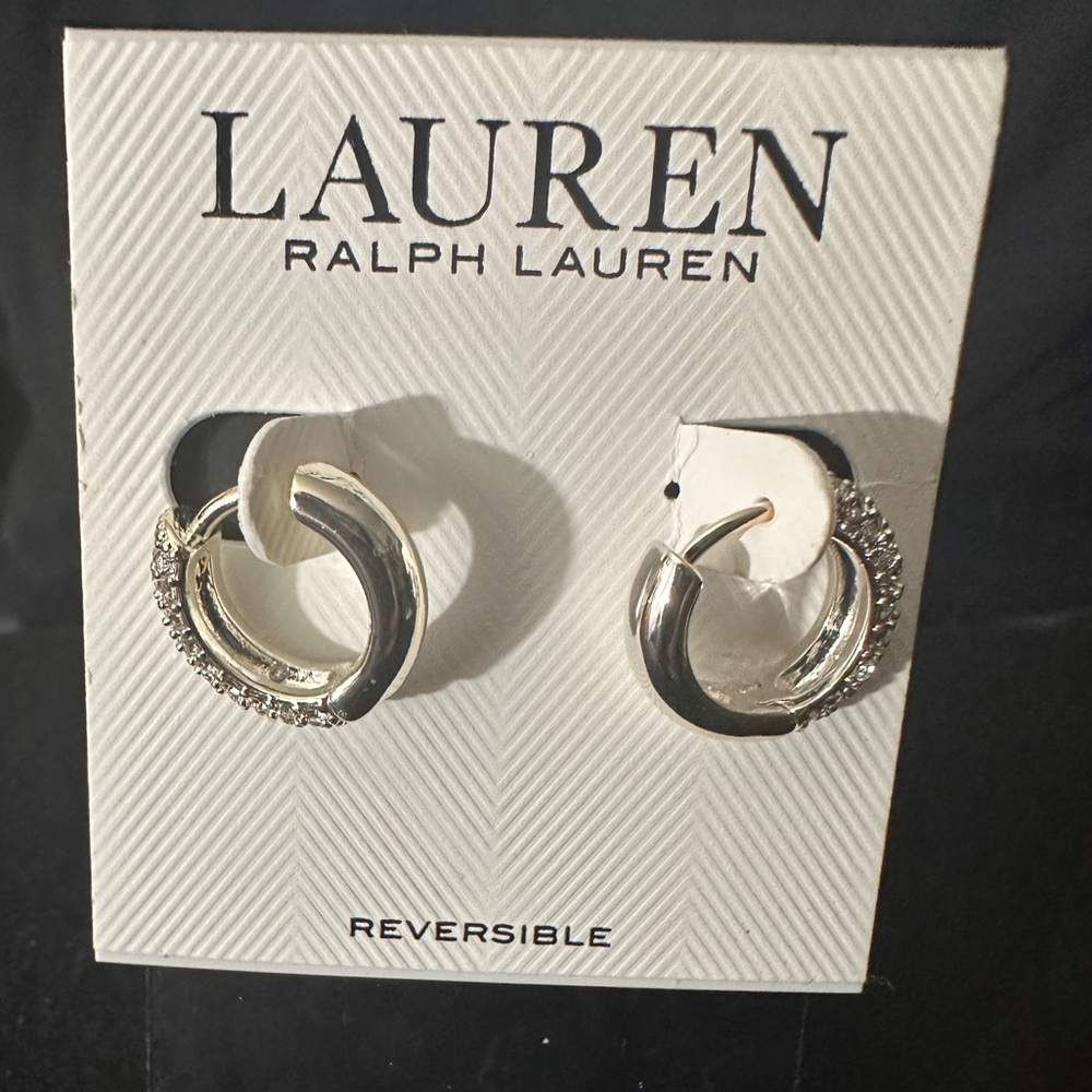 NWT Lauren Ralph Lauren Crystal Pave Huggie Small Hoop Earrings 1/2" - Silver - Picture 4 of 6